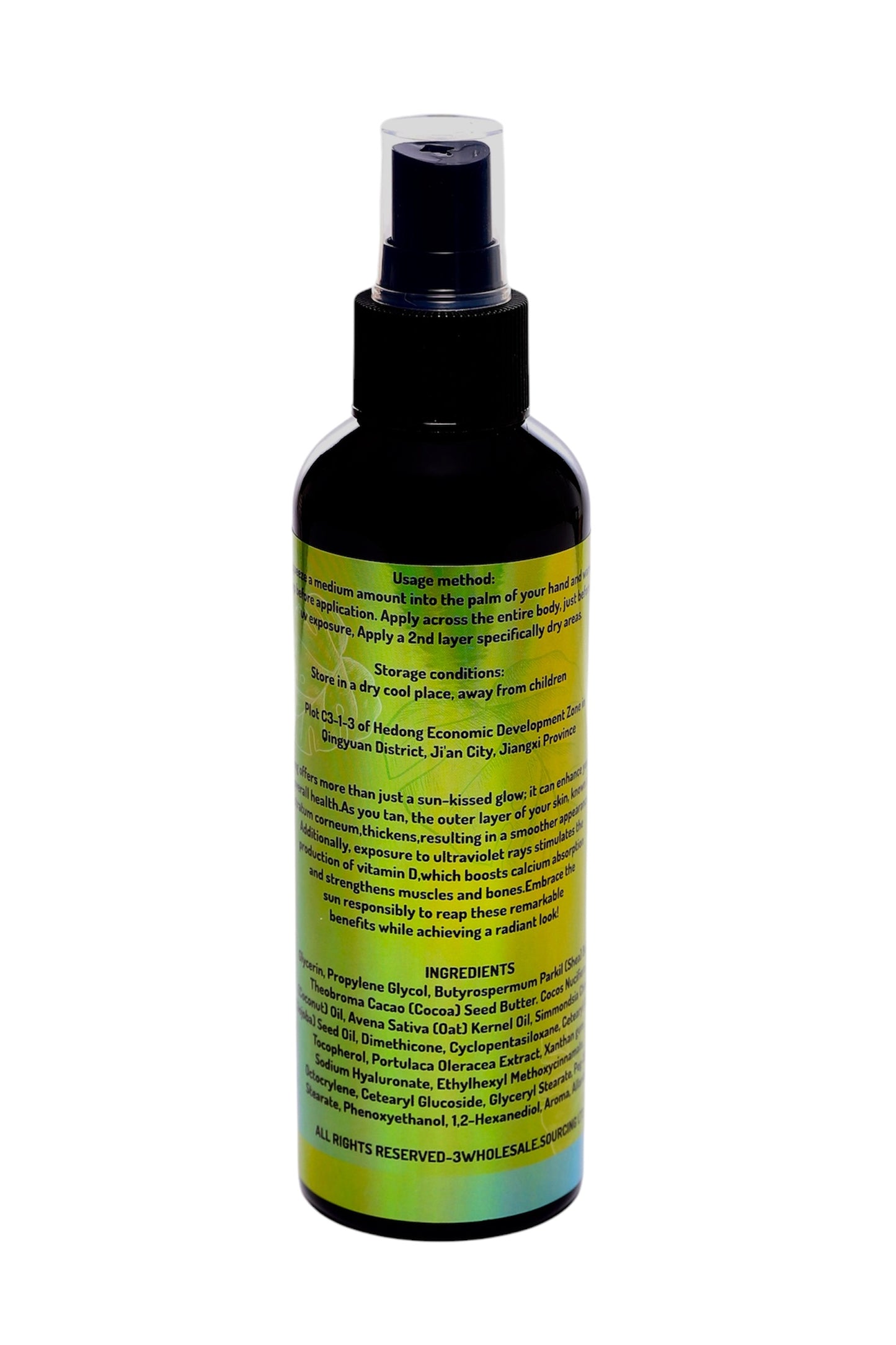 Back of 3 The Tan strawberry mist spray showing usage directions, ingredients, and product info on green label.