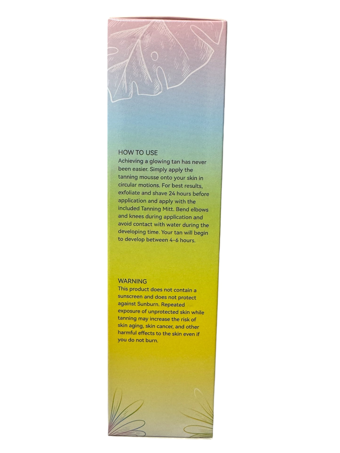 Back of the tanning mousse box showing usage instructions and warning text.