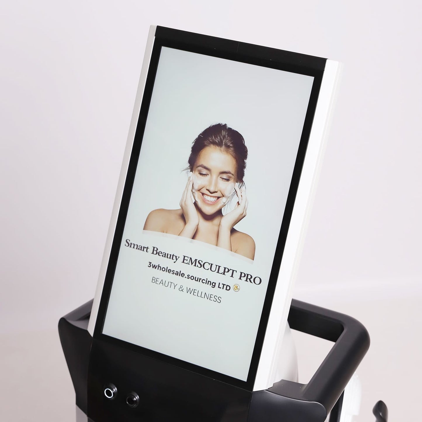 Digital display screen showing an advertisement for Smart Beauty EMSCULPT PRO on a white background.