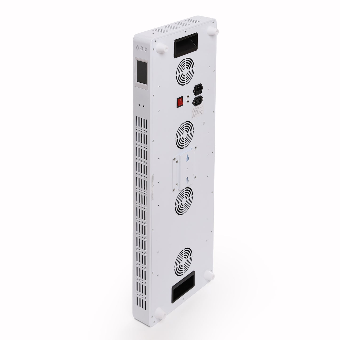 Back panel showing cooling fans, power ports, and wall-mount brackets.
