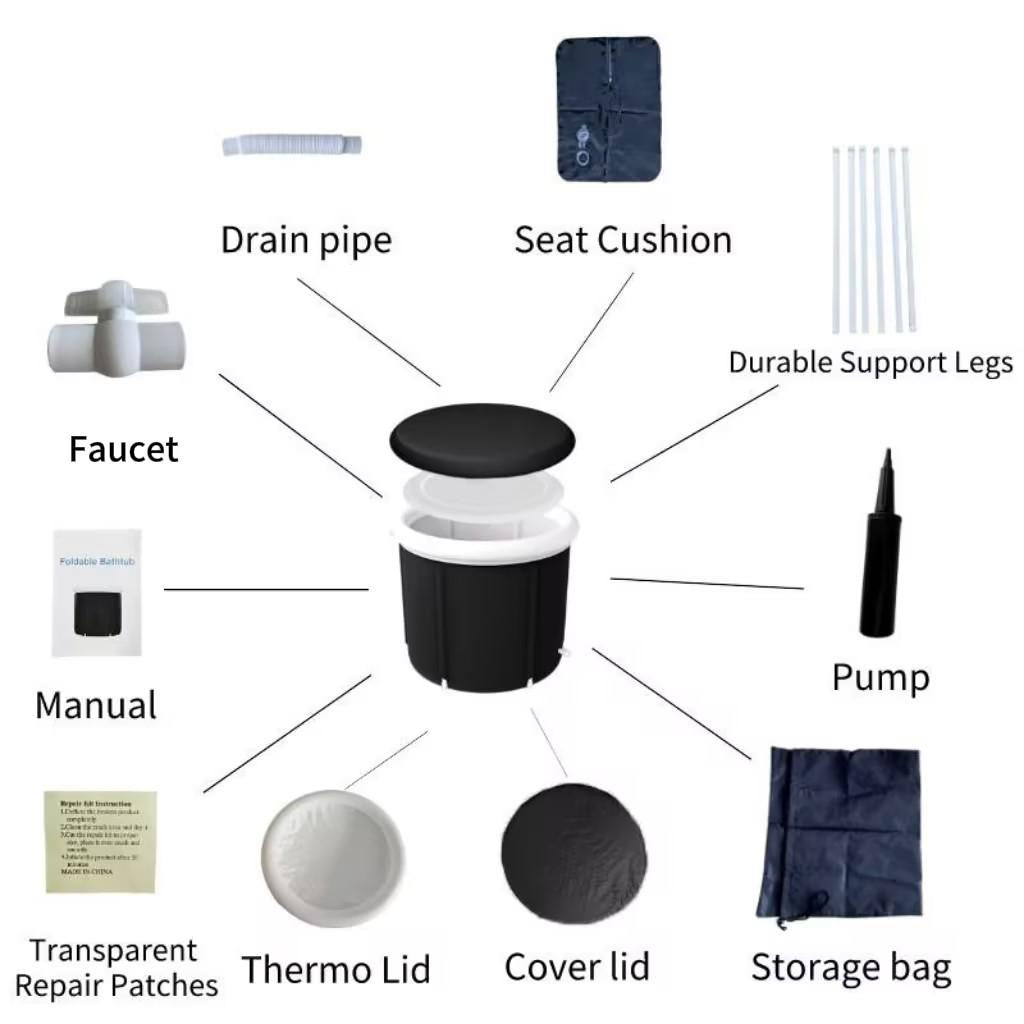 Diagram showing all components of a portable bathtub kit, including lids, pump, legs, cushion, pipe, and storage bag.