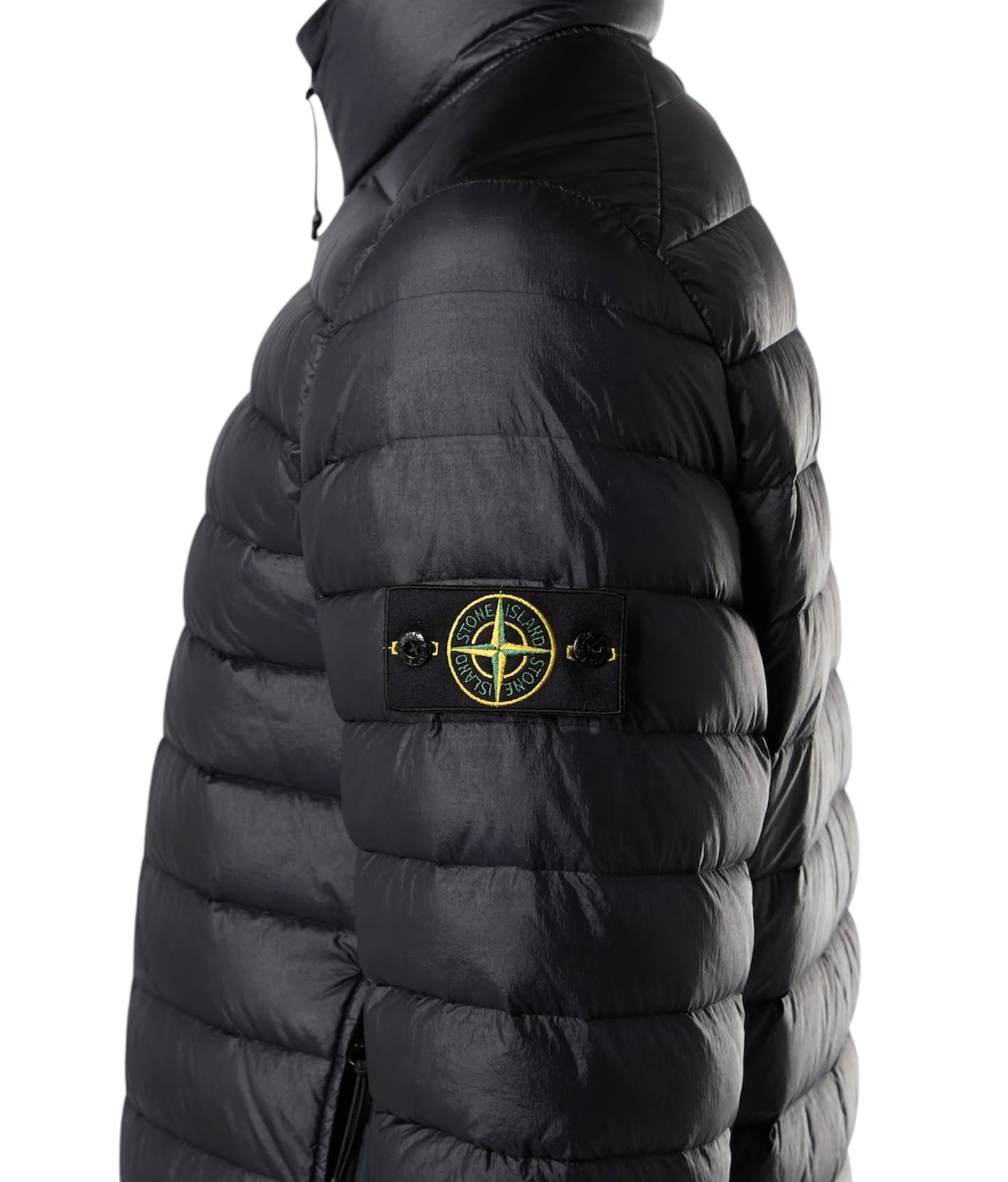 Stone Island jacket made with RDS-certified duck down and PFC-free dye for eco-conscious warmth.
