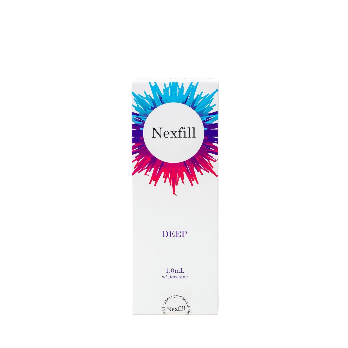 Front view of Nexfill Deep 1.0mL dermal filler packaging with lidocaine, featuring a colorful burst design on a white box.