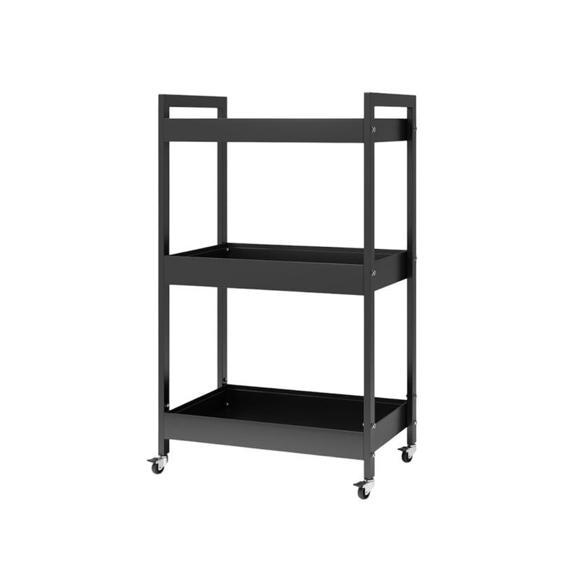 Black stainless steel utility cart with three shelves on