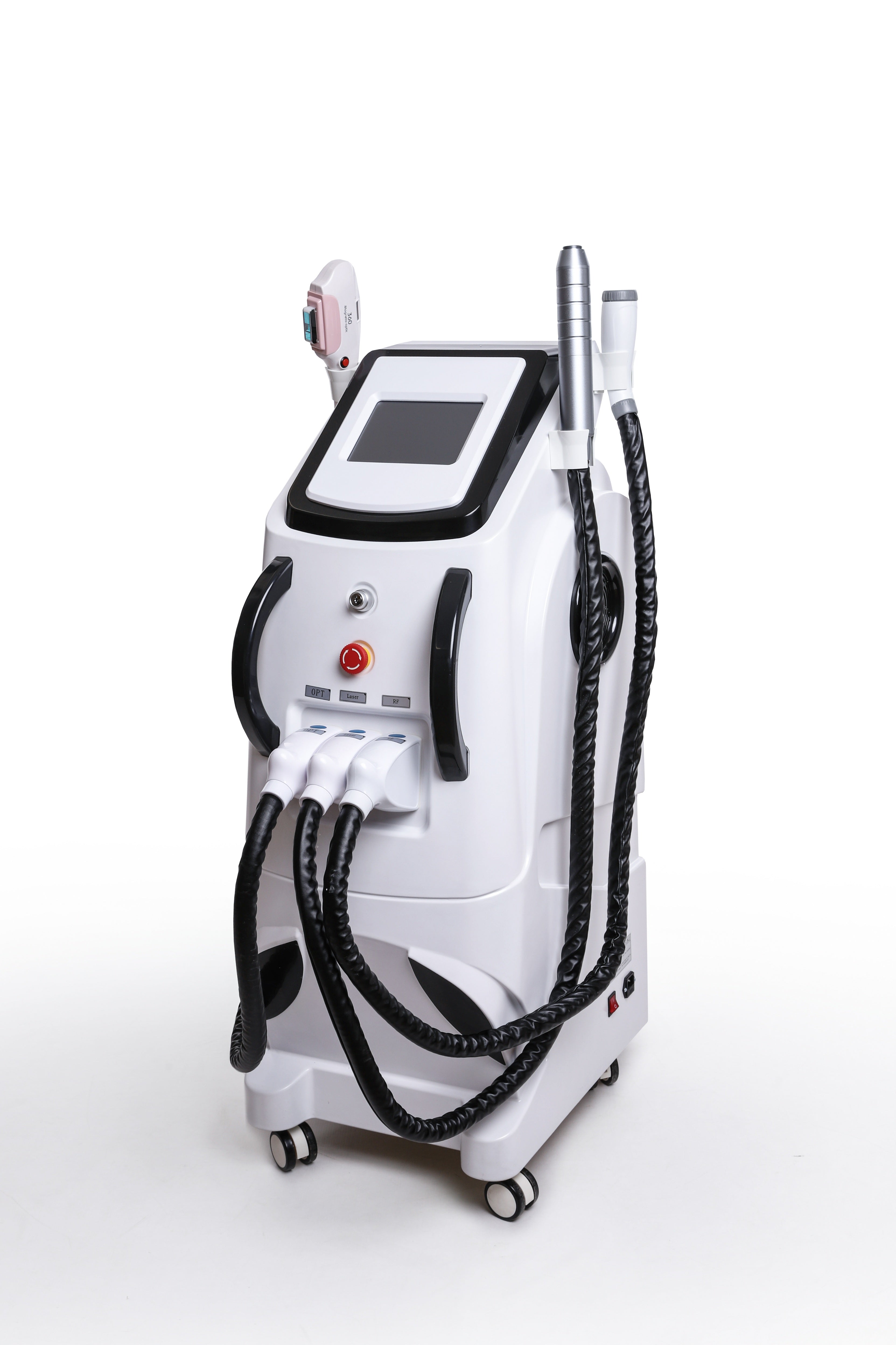 Professional multifunction beauty machine with three handpieces for laser, RF, and OPT skin therapies
