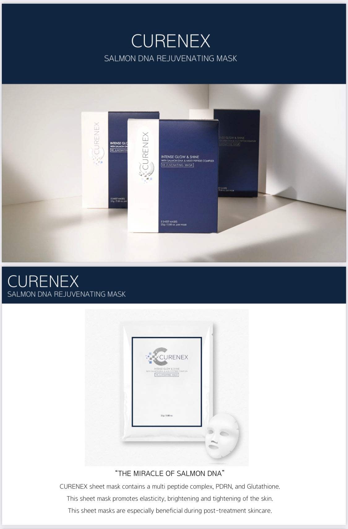 Curenex Face Mask with Salmon DNA, PDRN, and Glutathione boosts skin elasticity