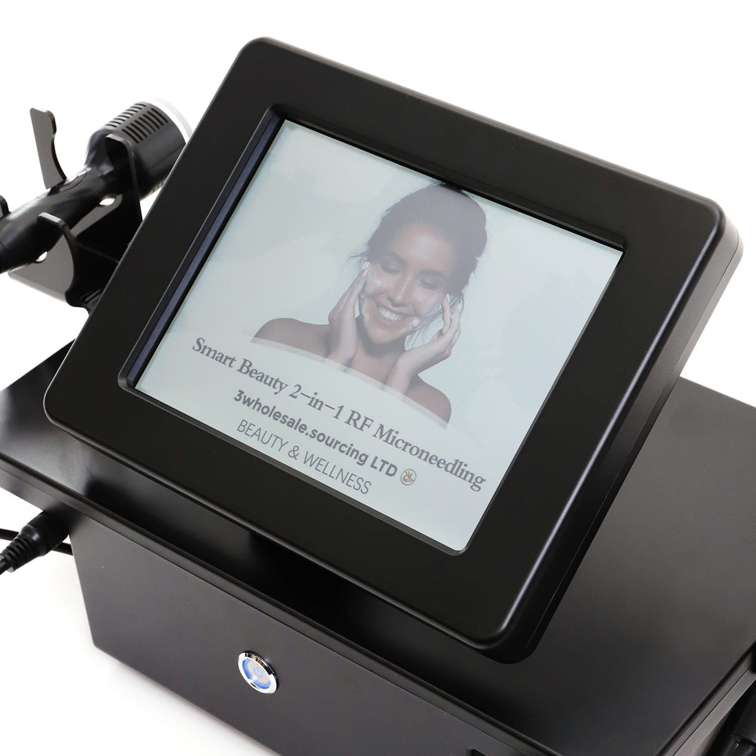 sleek black beauty device with screen showing smart beauty 2-in-1 RF Microneedling, Adjustable arm with handheld tools