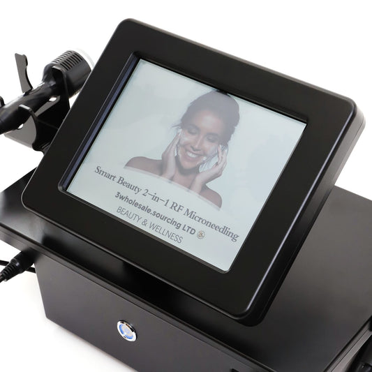 sleek black beauty device with screen showing smart beauty 2-in-1 RF Microneedling, Adjustable arm with handheld tools