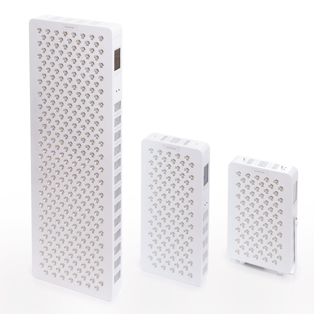 Full body, mid size, and compact red light therapy panels side by side on white background