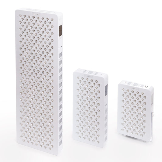 Full body, mid size, and compact red light therapy panels side by side on white background