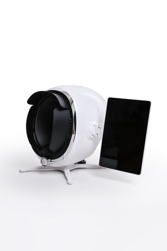 ai skin analysis machine with facial scanner hood and side touchscreen for real-time diagnostics and skincare review.