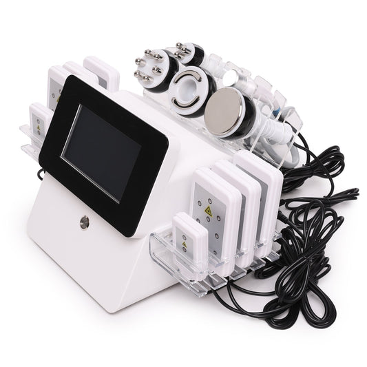 Multipolar cavitation machine with LED screen, radiofrequency probes, laser pads, and tangle of attached wires.