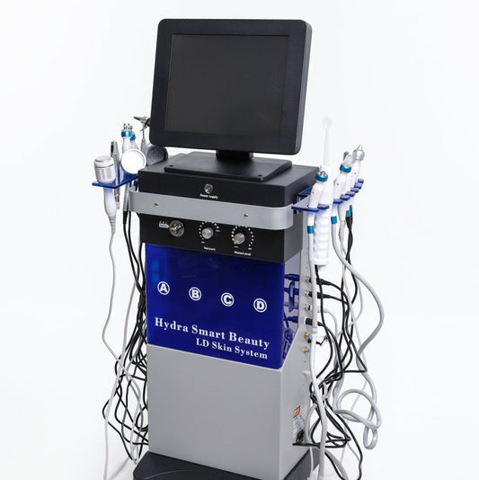 14-in-1 Hydra Smart Beauty Machine angled view showing screen and treatment handles for professional facial and skincare use