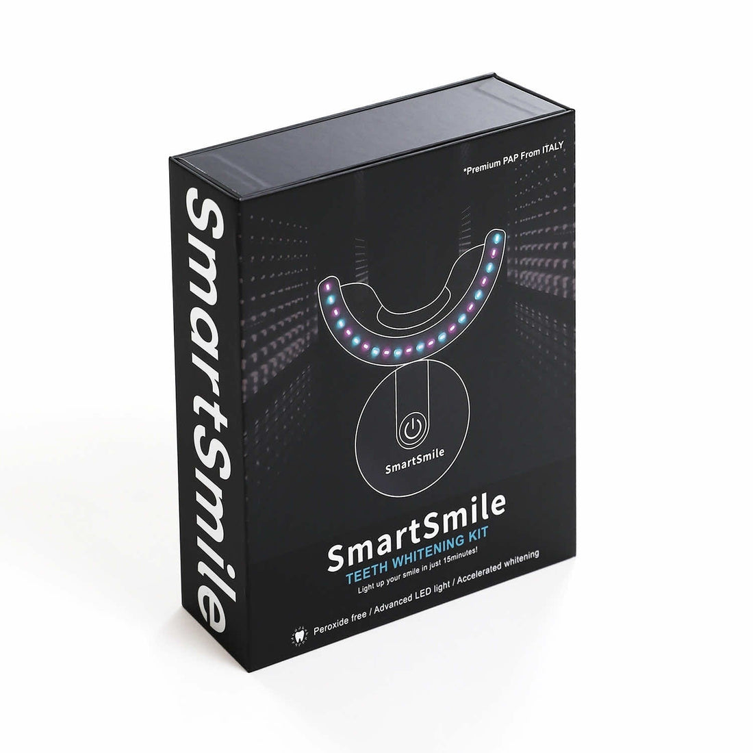 SmartSmile LED teeth whitening kit with peroxide-free formula and advanced light tech for fast, effective results,