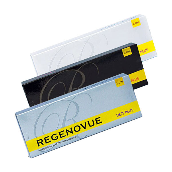 Regenovue Deep plus hyaluronic acid fillers with lidocaine, shown in sleek black, white, and silver 1.1ml packaging.