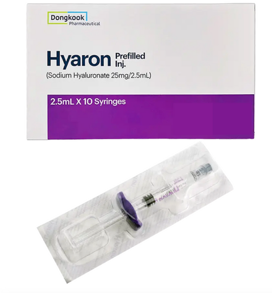Box of hyaron prefilled syringes with sodium hyaluronic 25mg/2.5ml
