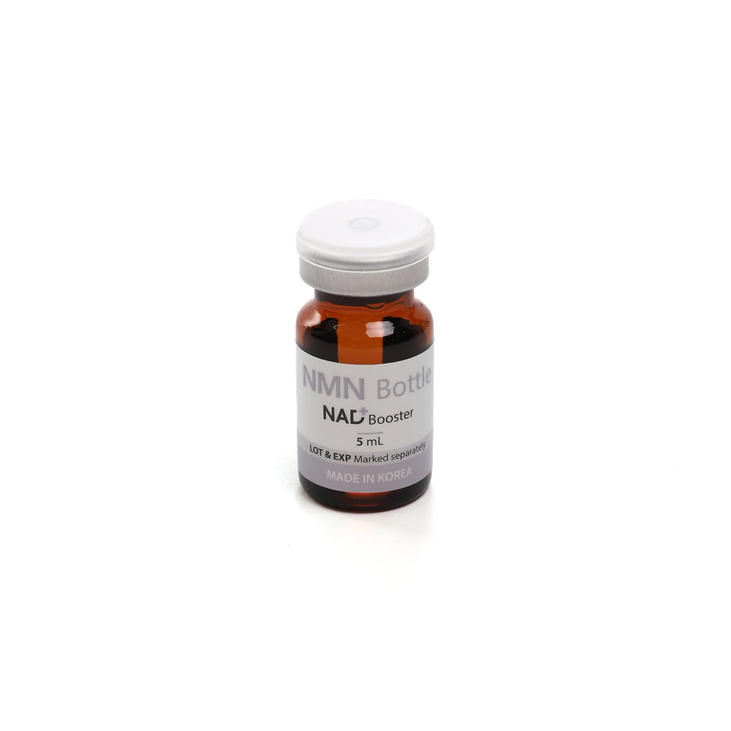 Amber NMN Bottle with NAD+ Booster label and white cap, 5ml health supplement.