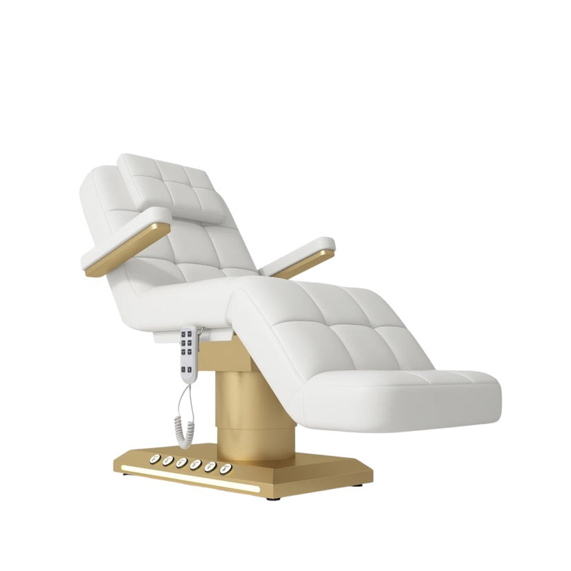 White massage chair with wooden base on a white background