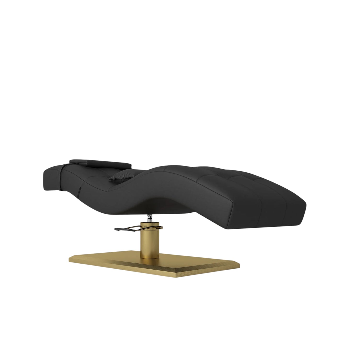 Black salon chair with gold base on a white background