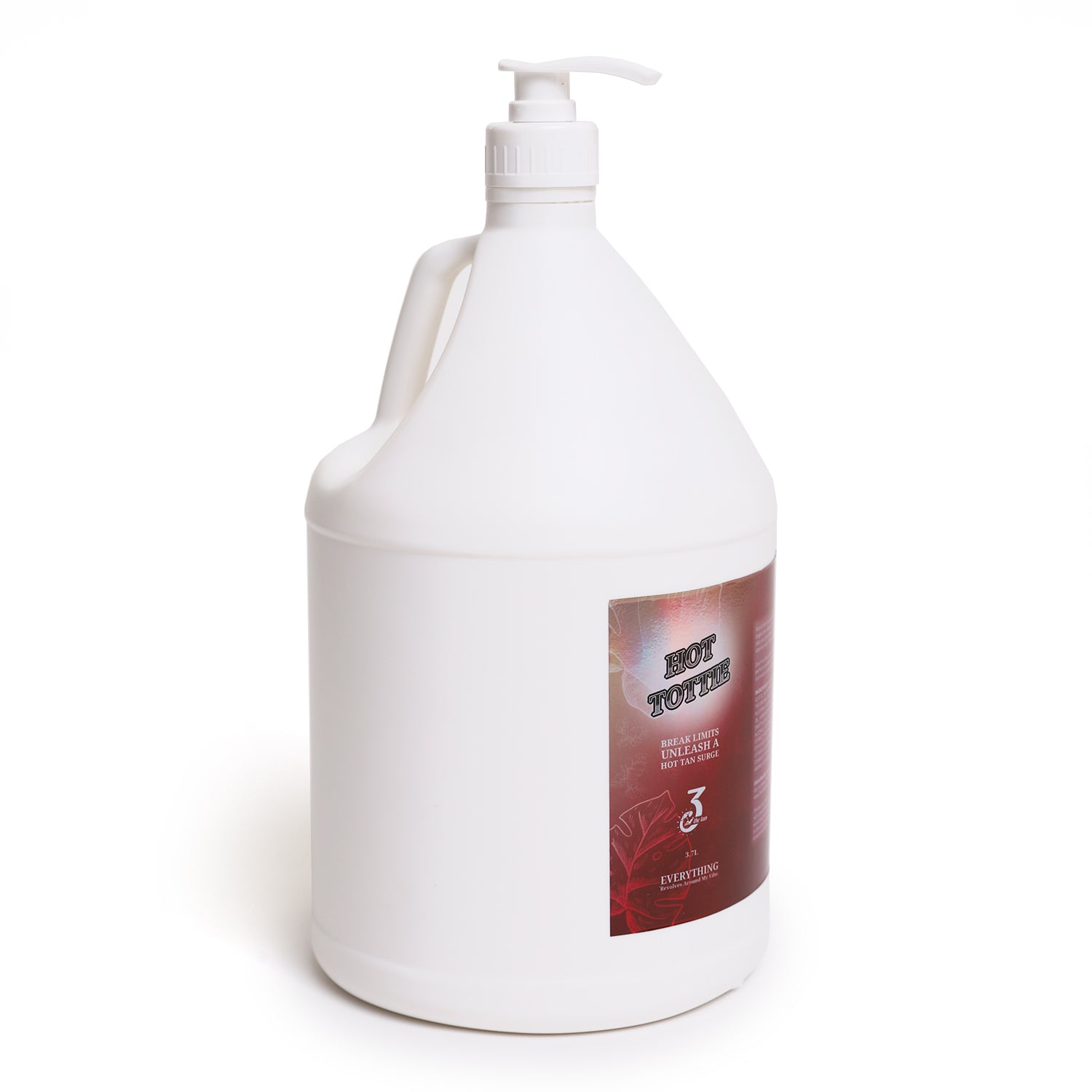 Angled view showing both the red label and the side of the gallon bottle.