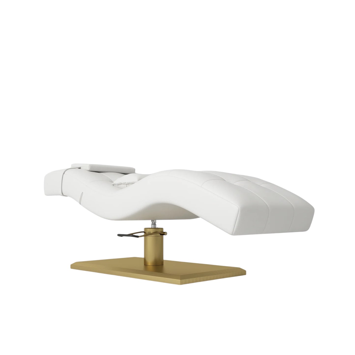 White massage table with gold base on a white background