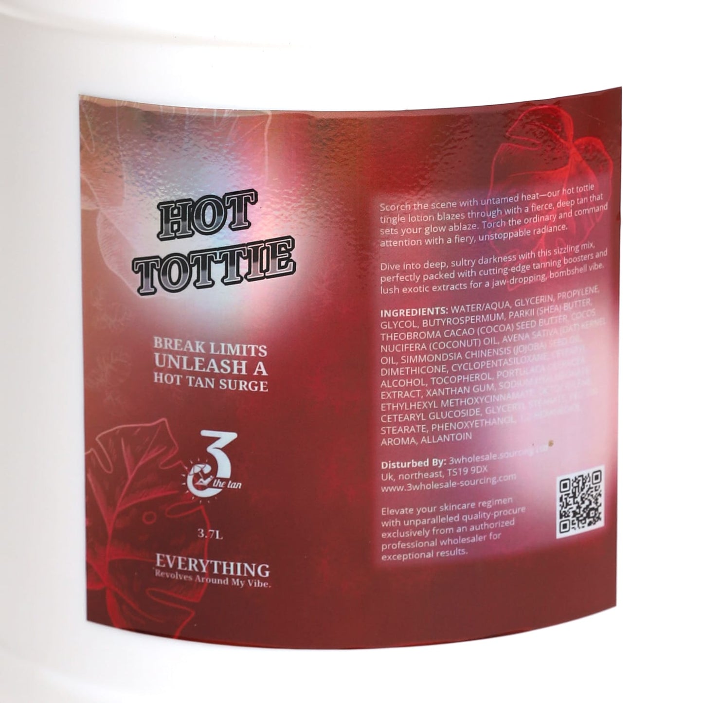 Close-up of the red label with detailed ingredients, product benefits, and distributor info.