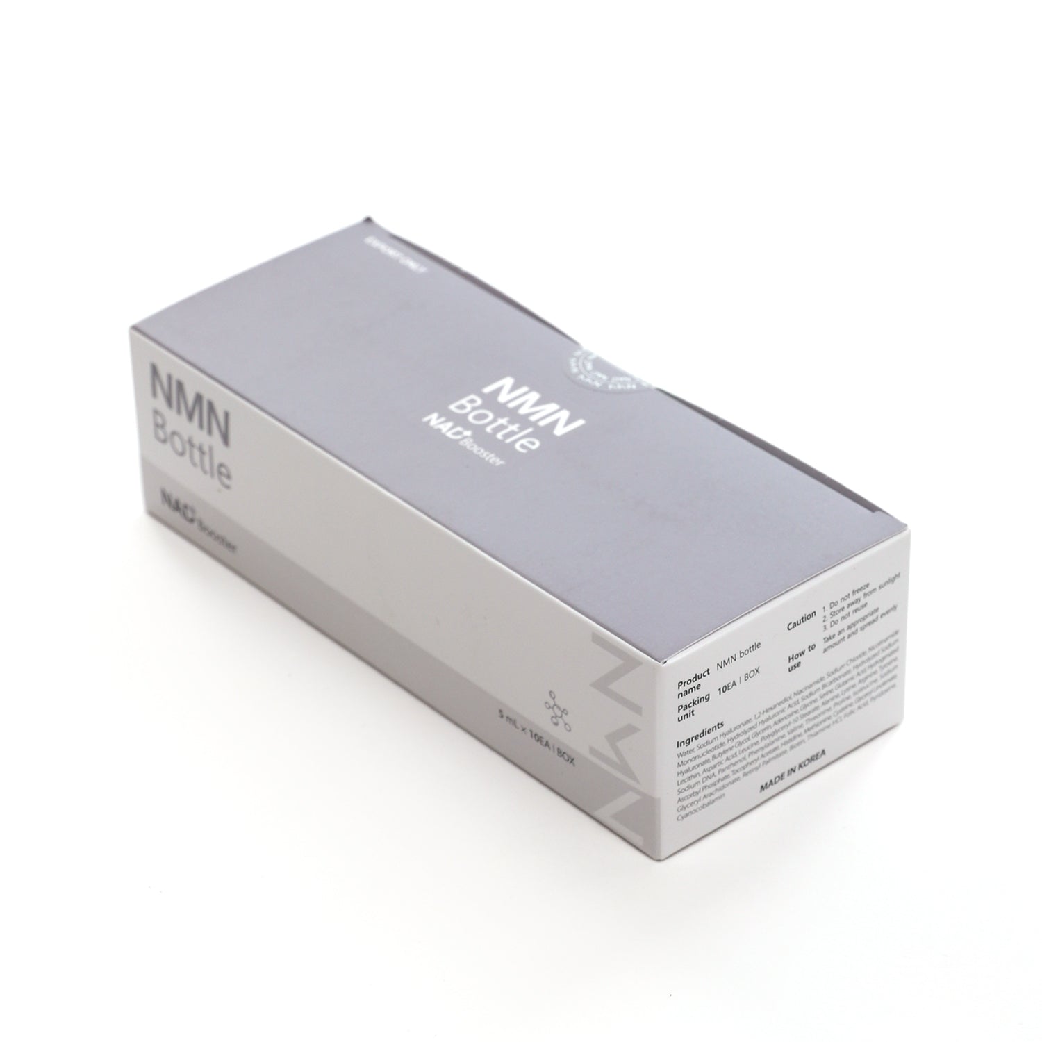 NMN Bottle packaging box for NAD+ Booster, labeled with usage and details.