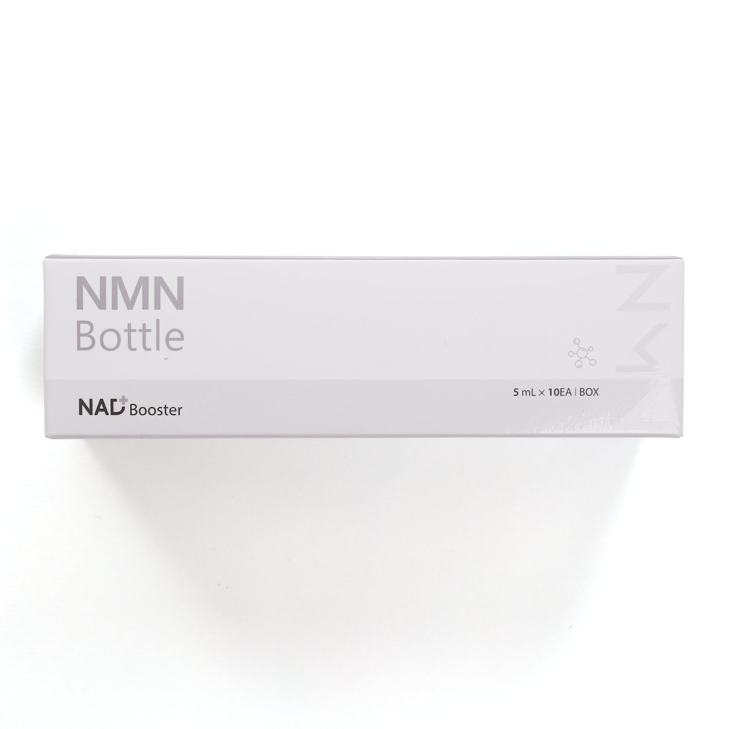 NMN Bottle NAD+ Booster box in clean grey tones, 5ml x 10EA per pack.