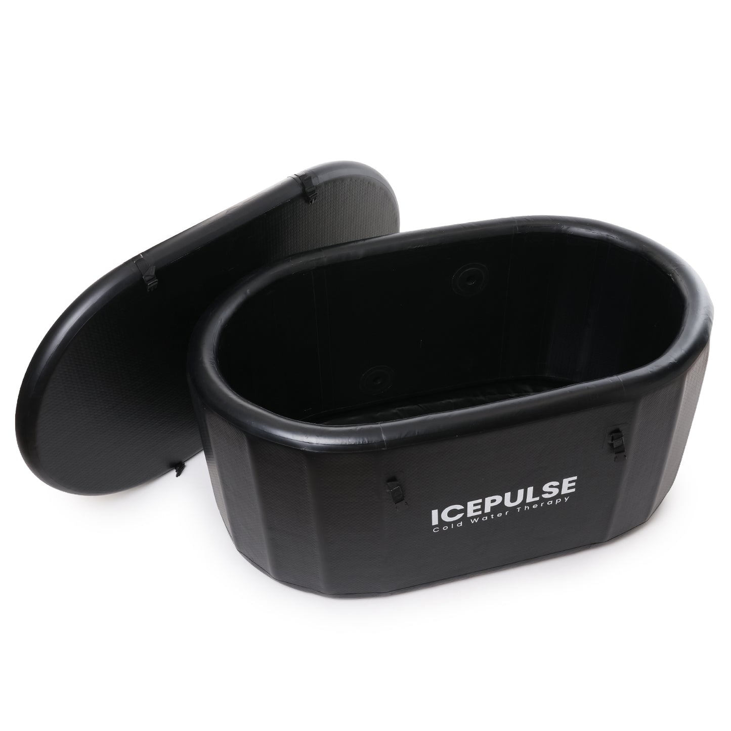 Black ice bath with lid on a white background, featuring the 'Icepulse' brand.