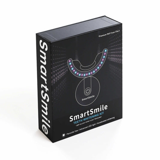 SmartSmile box featuring LED light design and peroxide-free whitening system.
