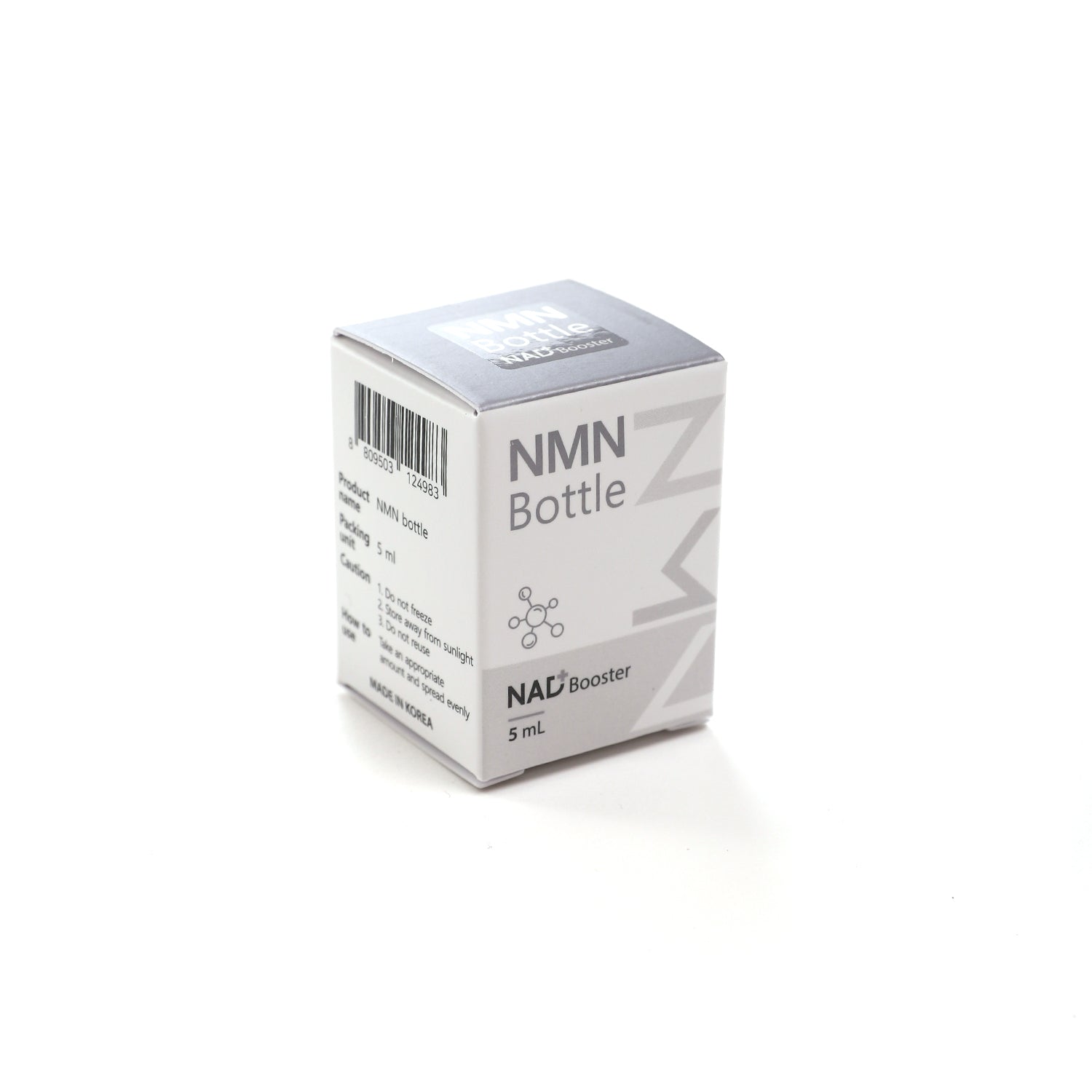 NMN Bottle NAD+ Booster in sleek grey and white box, 5ml supplement packaging.