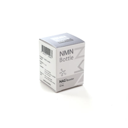 NMN Bottle NAD+ Booster in sleek grey and white box, 5ml supplement packaging.