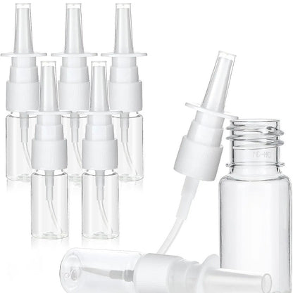 Clear nasal spray bottles with white pumps, perfect for travel or daily wellness use.