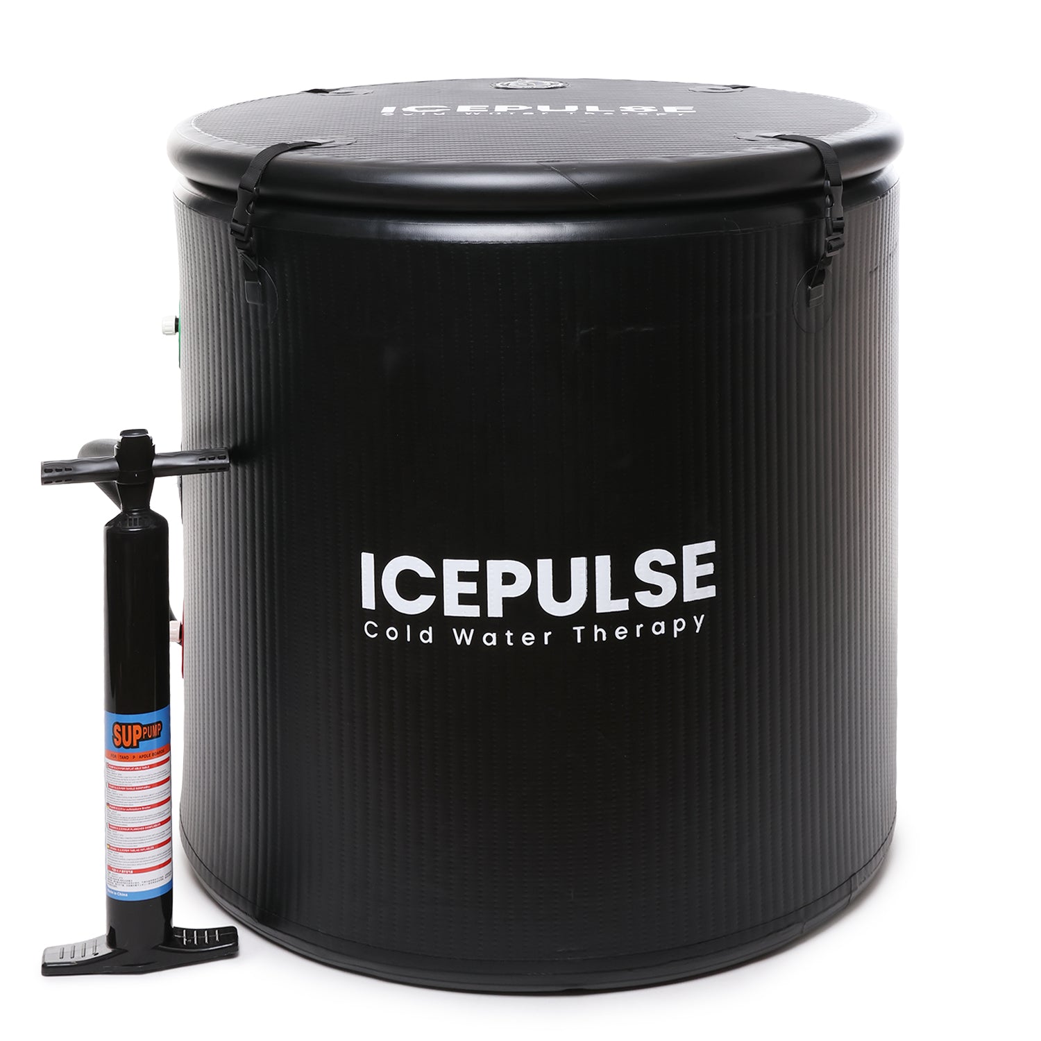 Black Icepulse cold water therapy barrel with pump on a white background