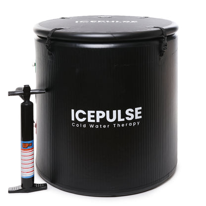 Black Icepulse cold water therapy barrel with pump on a white background