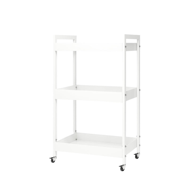 White stainless steel rolling cart with three shelves on