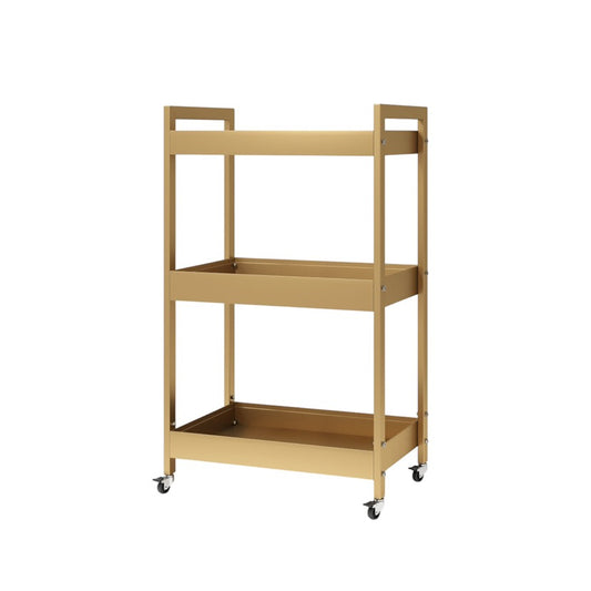 Gold stainless steel rolling cart with two shelves on